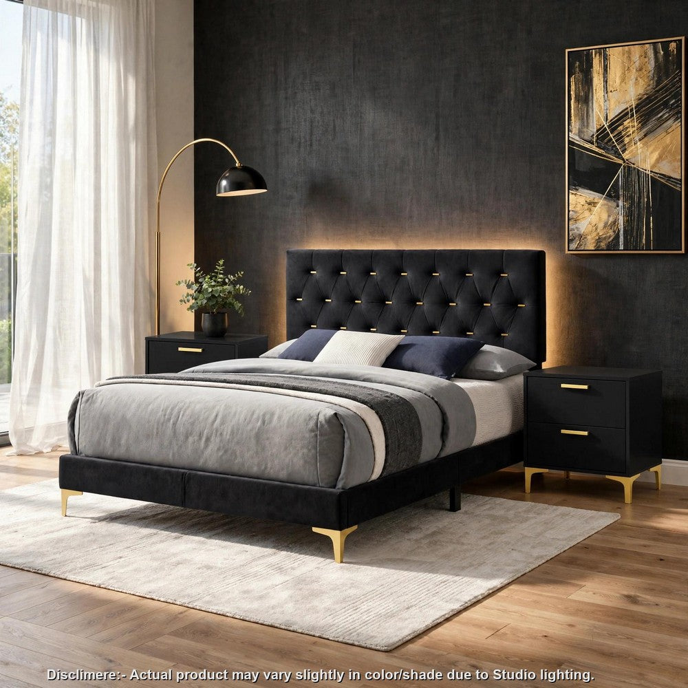 Queen Bedroom Set, Black and Gold, 3 Piece Set with 2 Nightstands