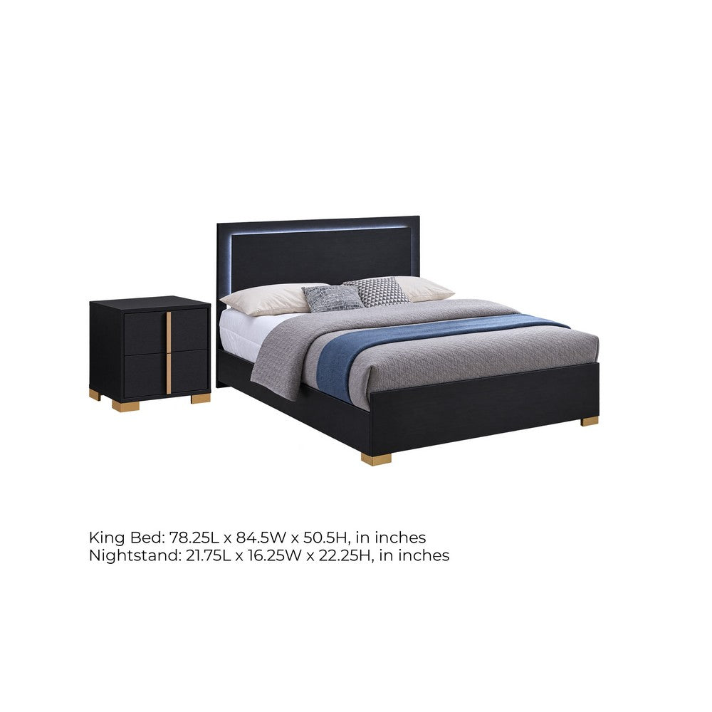 King Bedroom Set, Black and Gold, 2 Piece Set with Nightstand