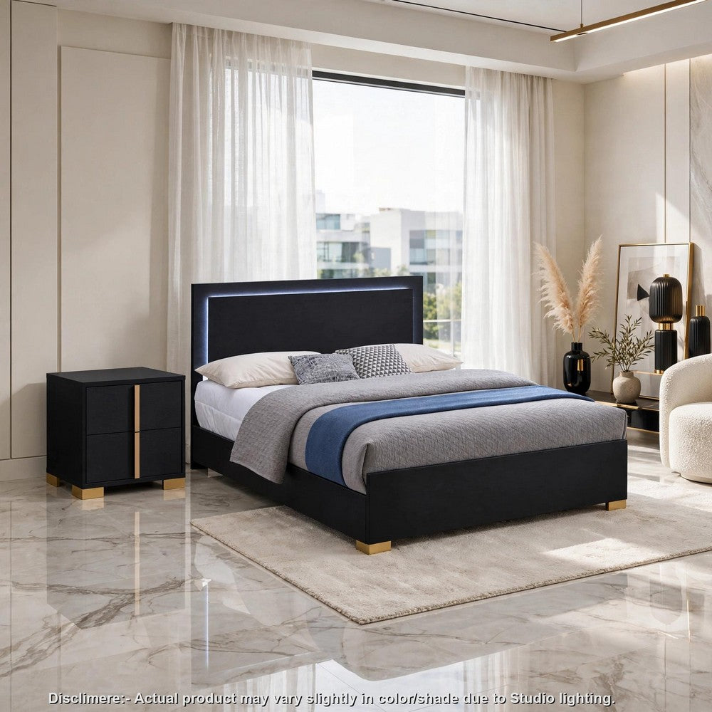 King Bedroom Set, Black and Gold, 2 Piece Set with Nightstand