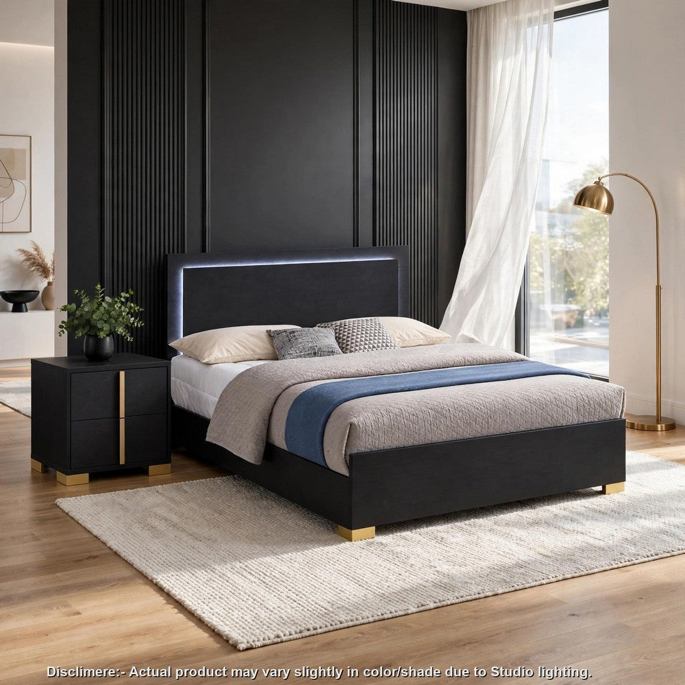 King Bedroom Set, Black and Gold, 2 Piece Set with Nightstand