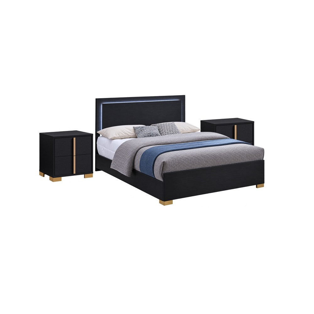 King Bedroom Set, Black and Gold, 3 Piece Set with 2 Nightstands