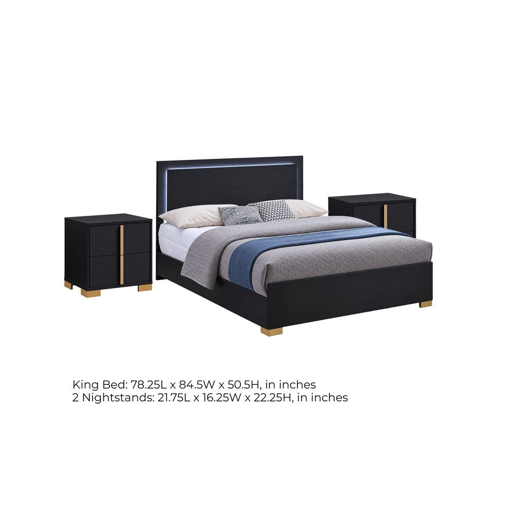 King Bedroom Set, Black and Gold, 3 Piece Set with 2 Nightstands