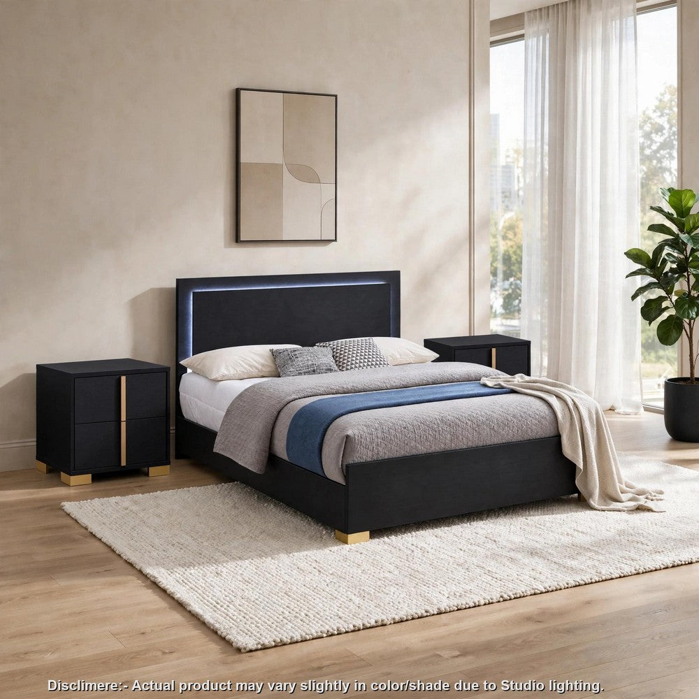 King Bedroom Set, Black and Gold, 3 Piece Set with 2 Nightstands