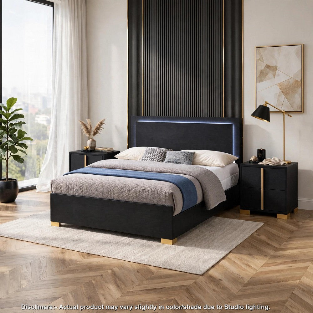 King Bedroom Set, Black and Gold, 3 Piece Set with 2 Nightstands