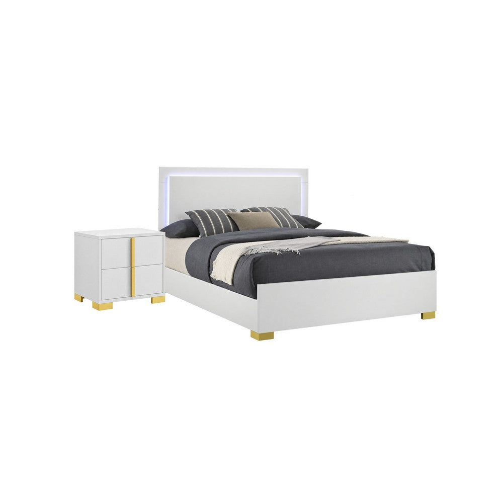 King Bedroom Set, White and Gold, 2 Piece Set with Nightstand