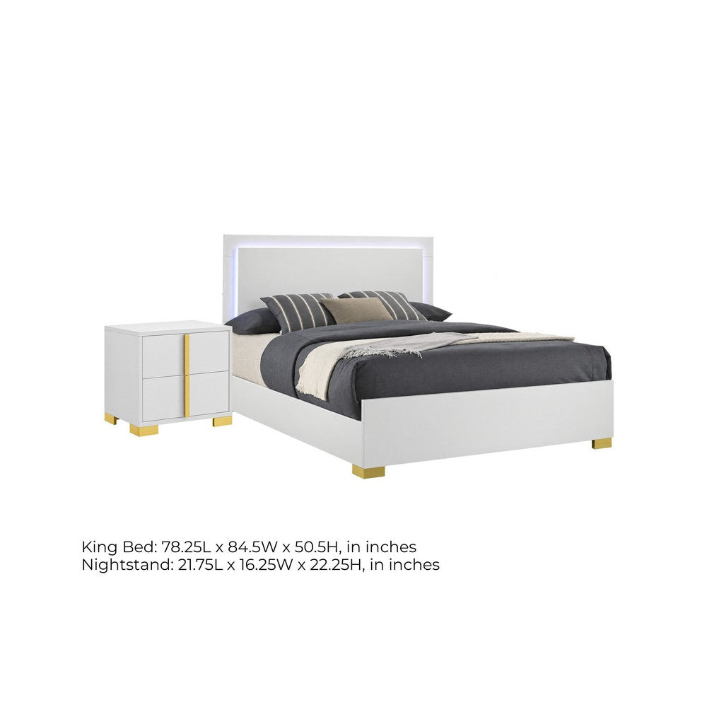 King Bedroom Set, White and Gold, 2 Piece Set with Nightstand