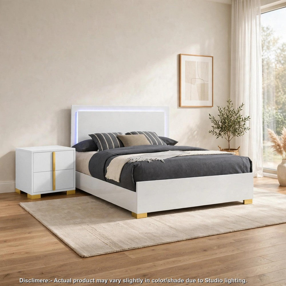King Bedroom Set, White and Gold, 2 Piece Set with Nightstand