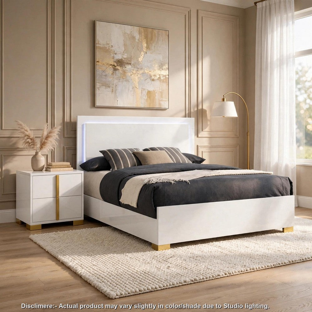 King Bedroom Set, White and Gold, 2 Piece Set with Nightstand