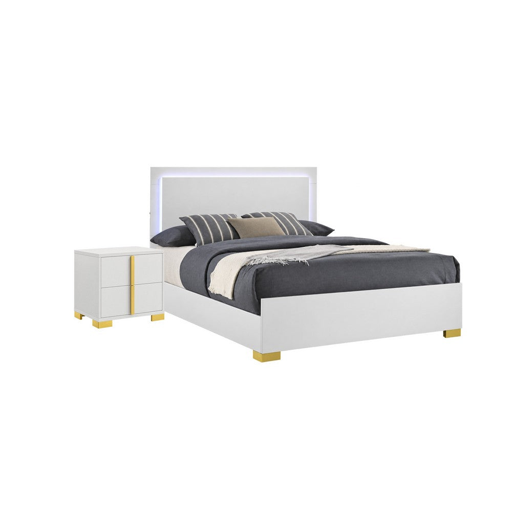 Queen Bedroom Set, White and Gold, 2 Piece Set with Nightstand
