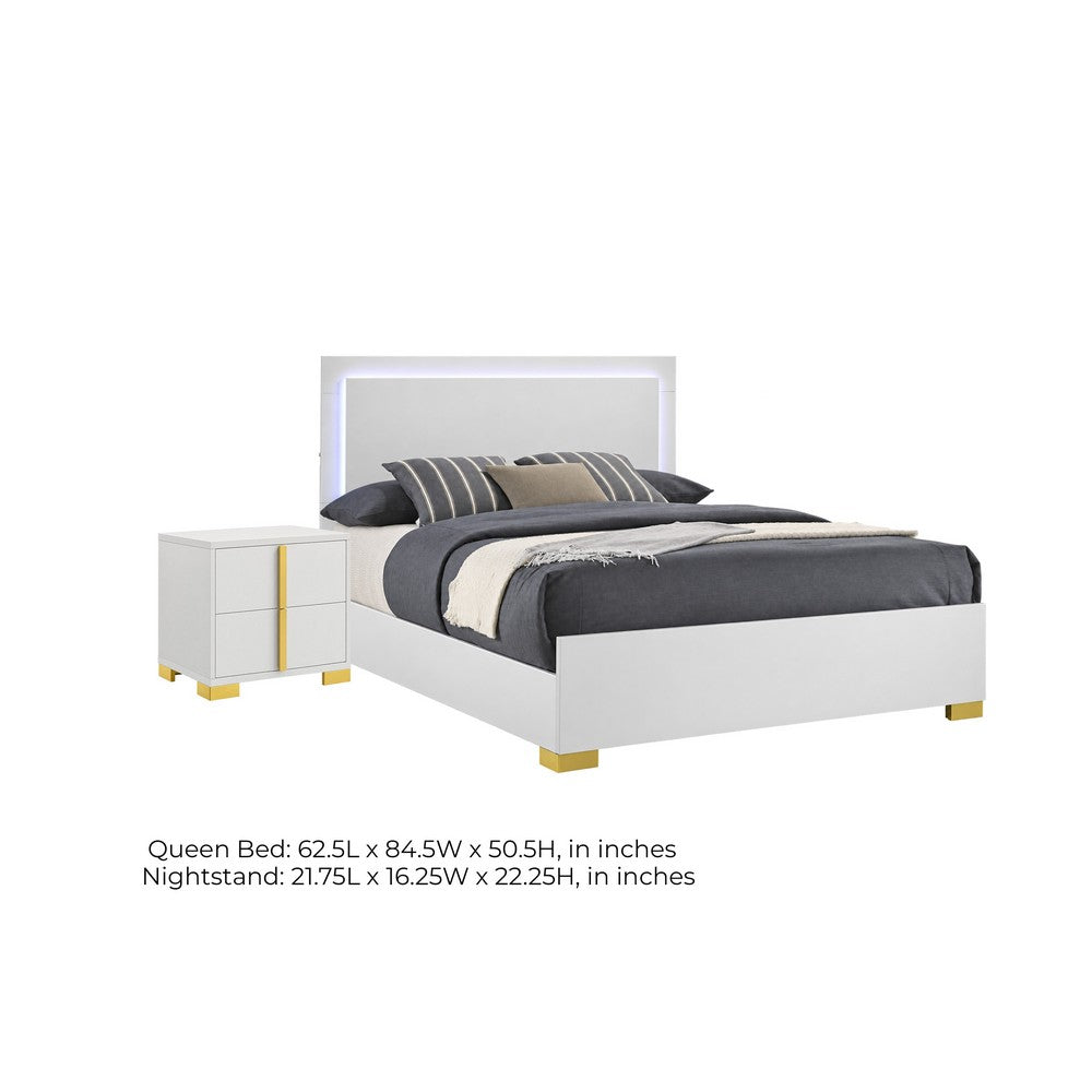 Queen Bedroom Set, White and Gold, 2 Piece Set with Nightstand
