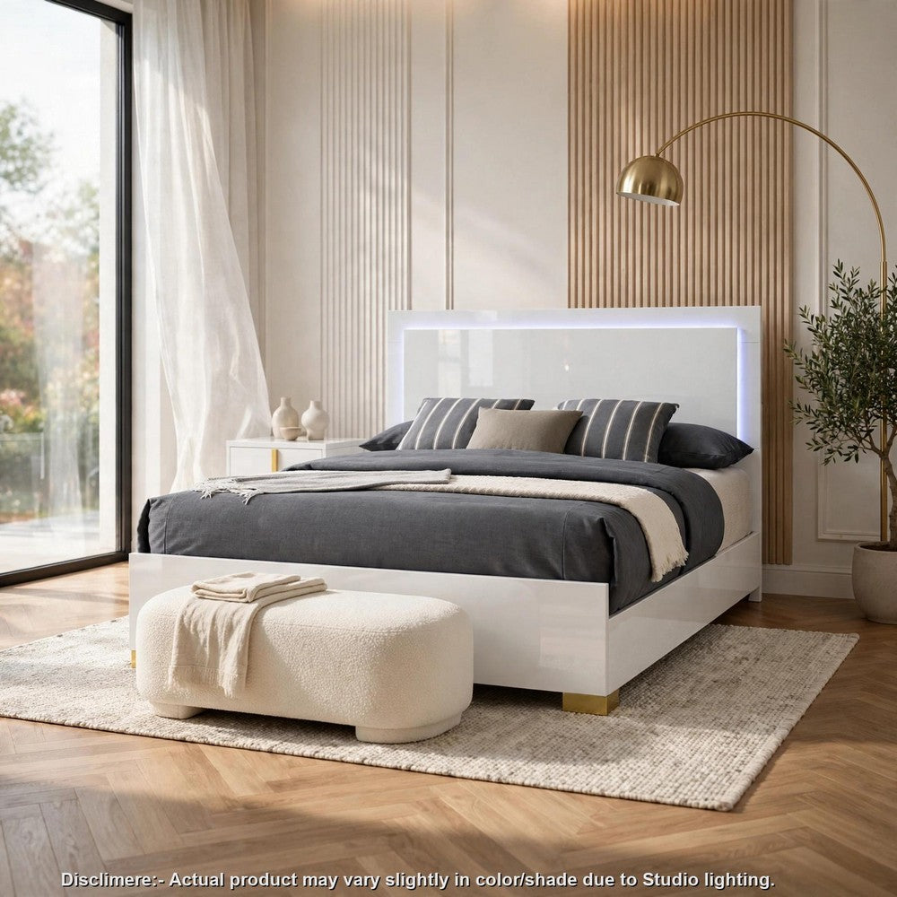 Queen Bedroom Set, White and Gold, 2 Piece Set with Nightstand