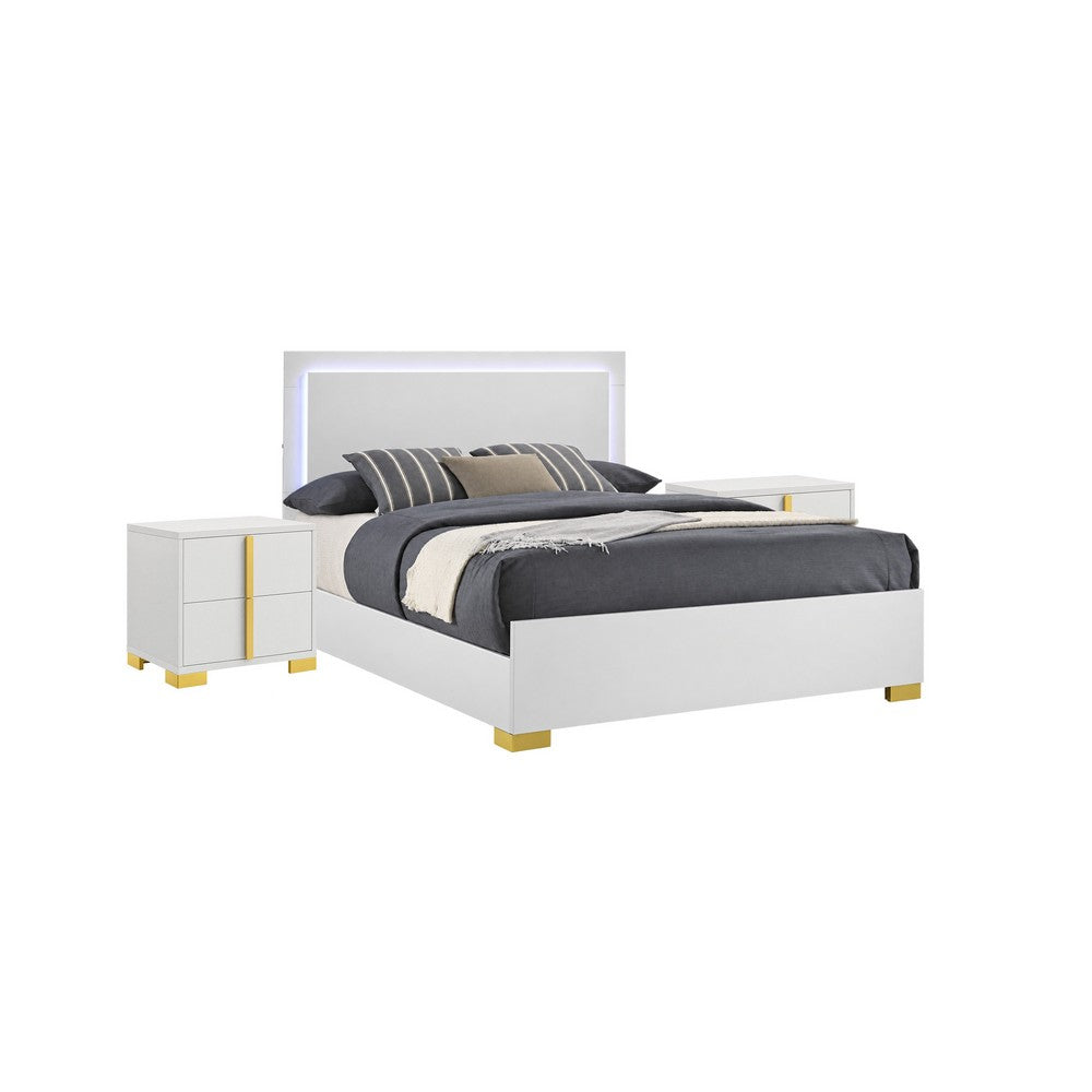 Queen Bedroom Set, White and Gold, 3 Piece Set with 2 Nightstands
