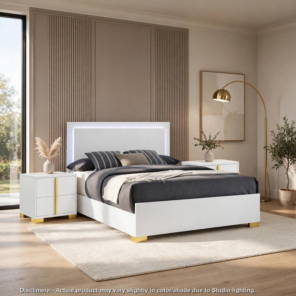 Queen Bedroom Set, White and Gold, 3 Piece Set with 2 Nightstands