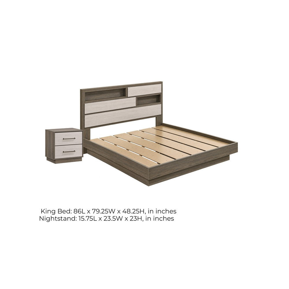 King Bedroom Set, Storage Gray and Nickel, 2 Piece Set with Nightstand
