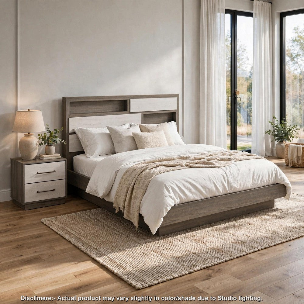 King Bedroom Set, Storage Gray and Nickel, 2 Piece Set with Nightstand