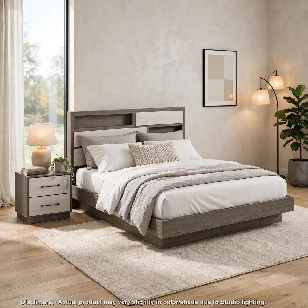 King Bedroom Set, Storage Gray and Nickel, 2 Piece Set with Nightstand