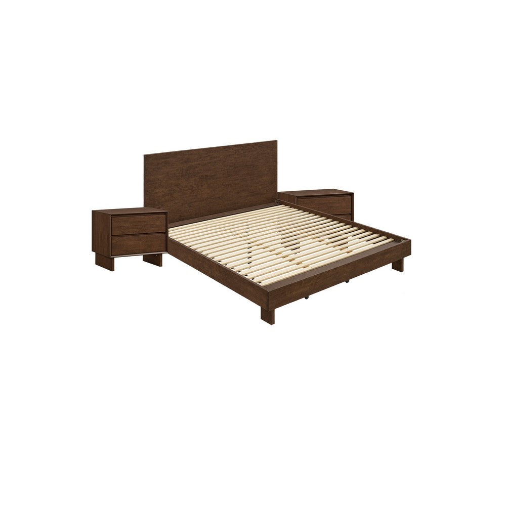 King Bedroom Set, Brown, 3 Piece Set with 2 Nightstands
