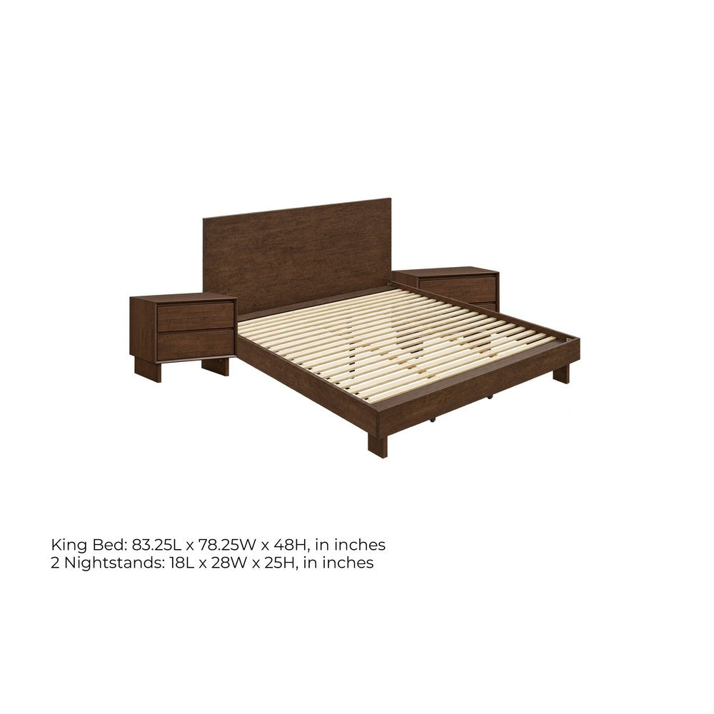 King Bedroom Set, Brown, 3 Piece Set with 2 Nightstands