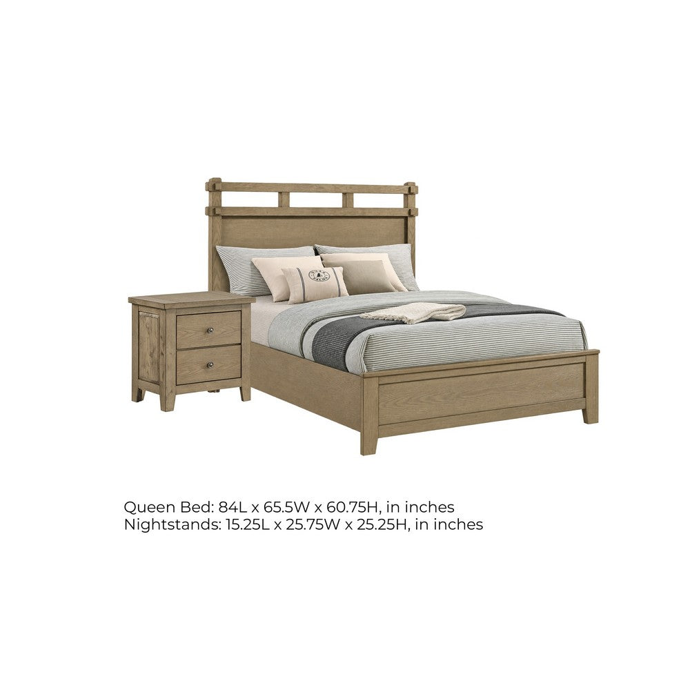 Queen Bedroom Set, Vineyard Oak Brown, 2 Piece Set with Nightstand