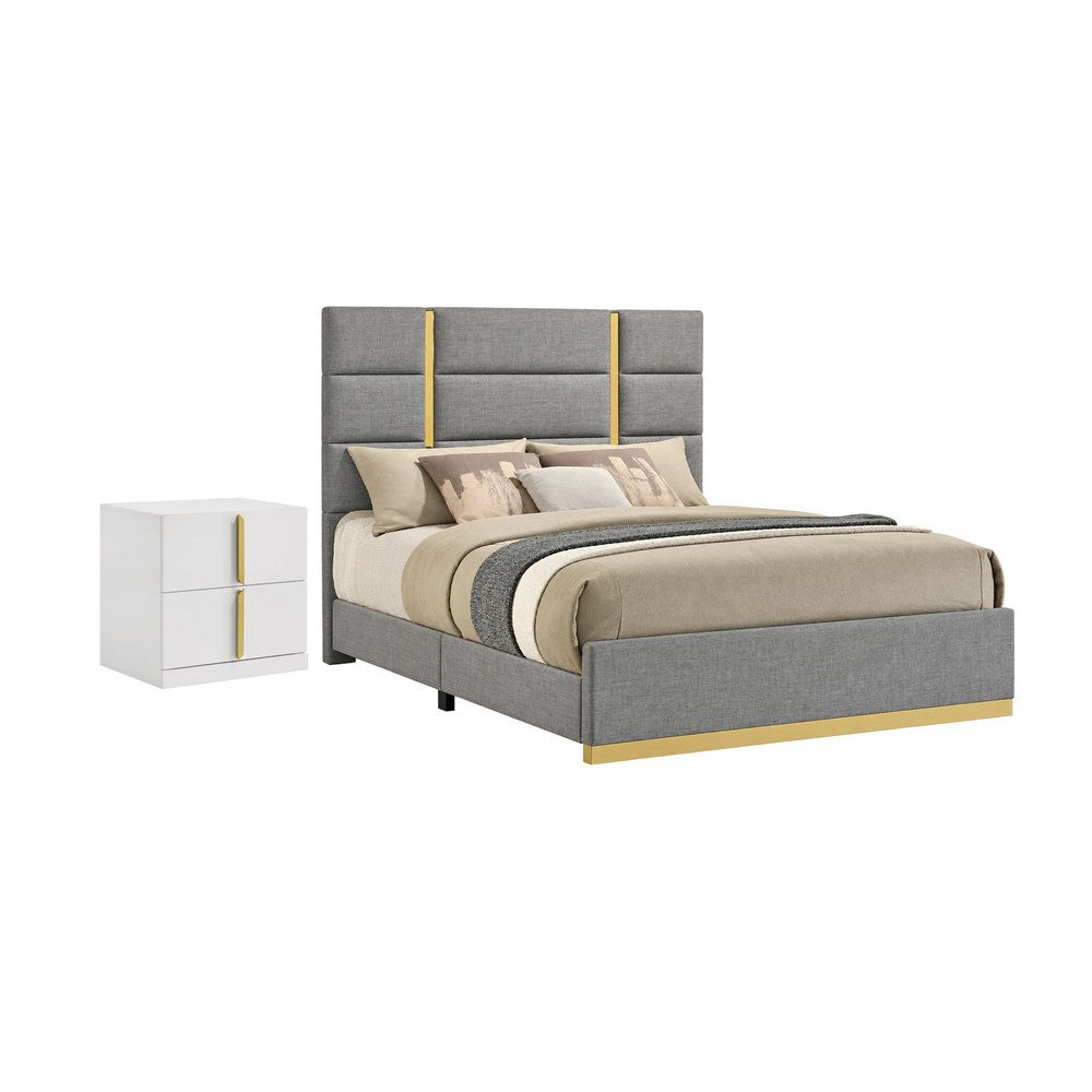 Queen Bedroom Set, Gray, Gold, and White, 2 Piece Set with Nightstand