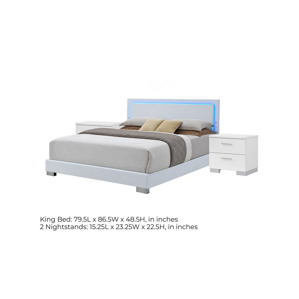 King Bedroom Set, White, 3 Piece Set with 2 Nightstands
