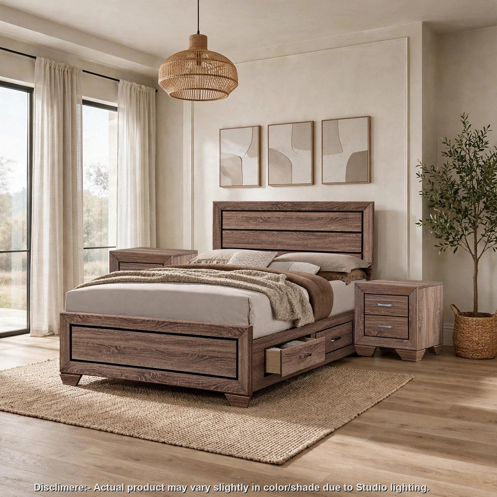 King Bedroom Set, Storage Brown, 3 Piece Set with 2 Nightstands