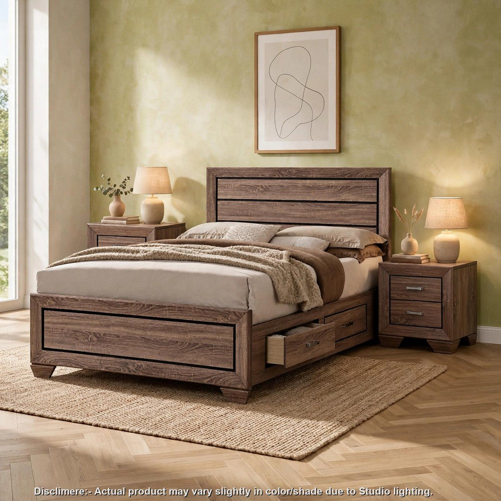 King Bedroom Set, Storage Brown, 3 Piece Set with 2 Nightstands