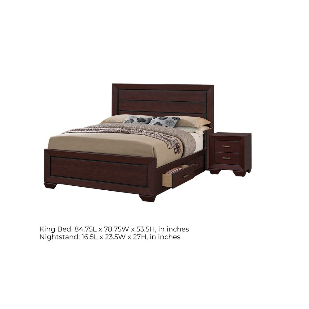 King Bedroom Set, Storage Design, Brown, 2 Piece Set with Nightstand