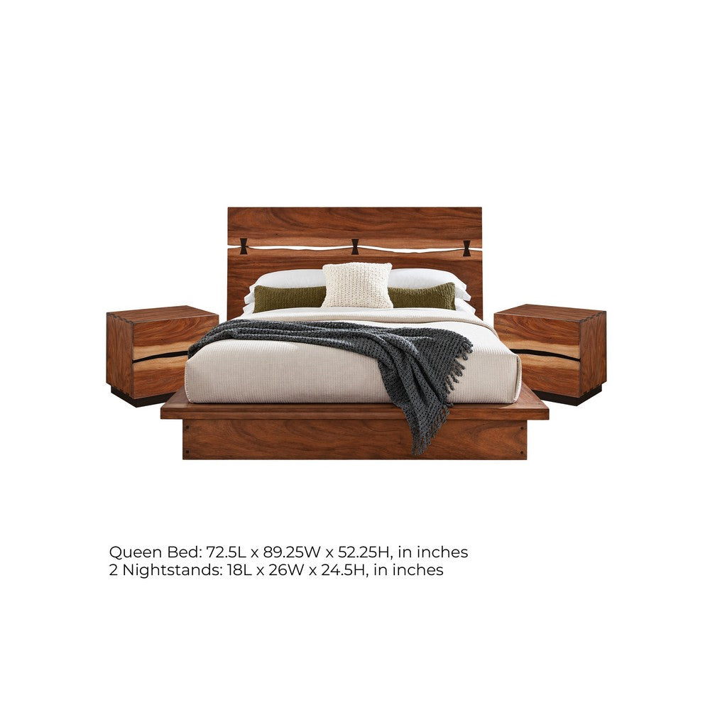 Queen Bedroom Set, Platform , Brown, 3 Piece Set with 2 Nightstands