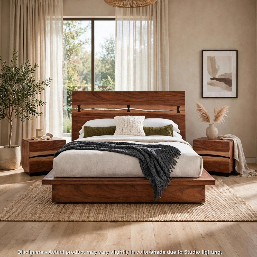Queen Bedroom Set, Platform , Brown, 3 Piece Set with 2 Nightstands