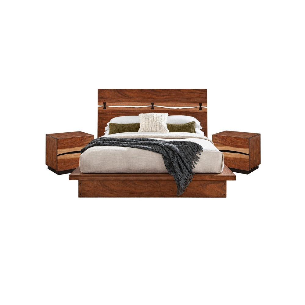 King Bedroom Set, Platform, Brown, 3 Piece Set with 2 Nightstands