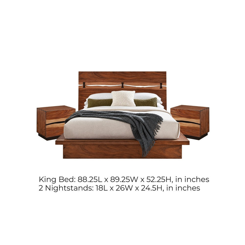 King Bedroom Set, Platform, Brown, 3 Piece Set with 2 Nightstands
