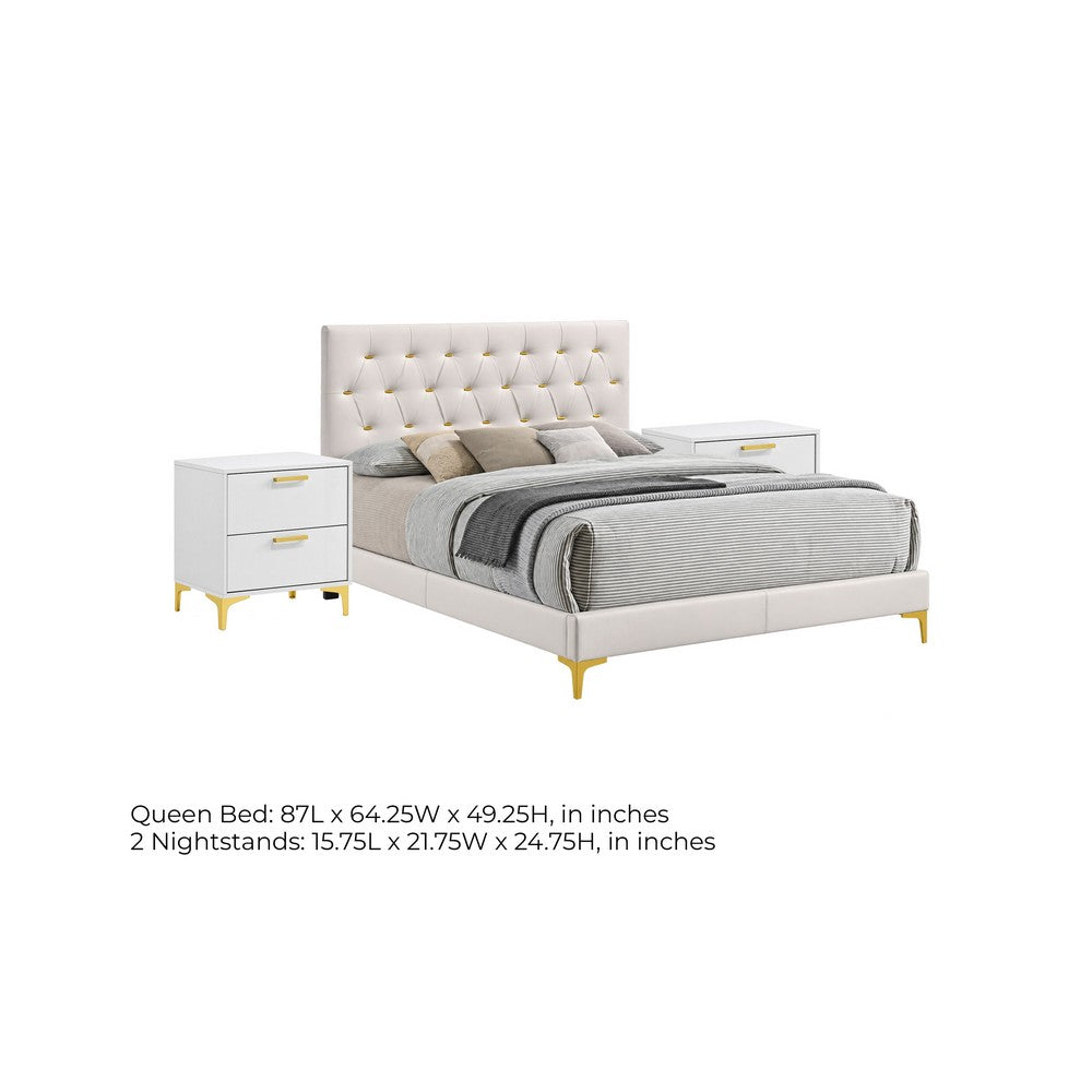 Queen Bedroom Set, White, Black and Gold, 3 Piece Set with 2 Nightstands