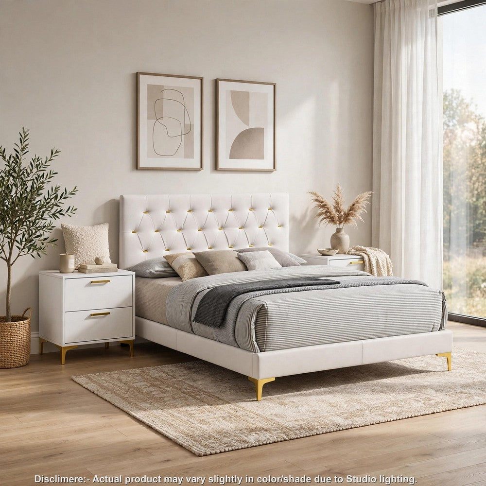 Queen Bedroom Set, White, Black and Gold, 3 Piece Set with 2 Nightstands