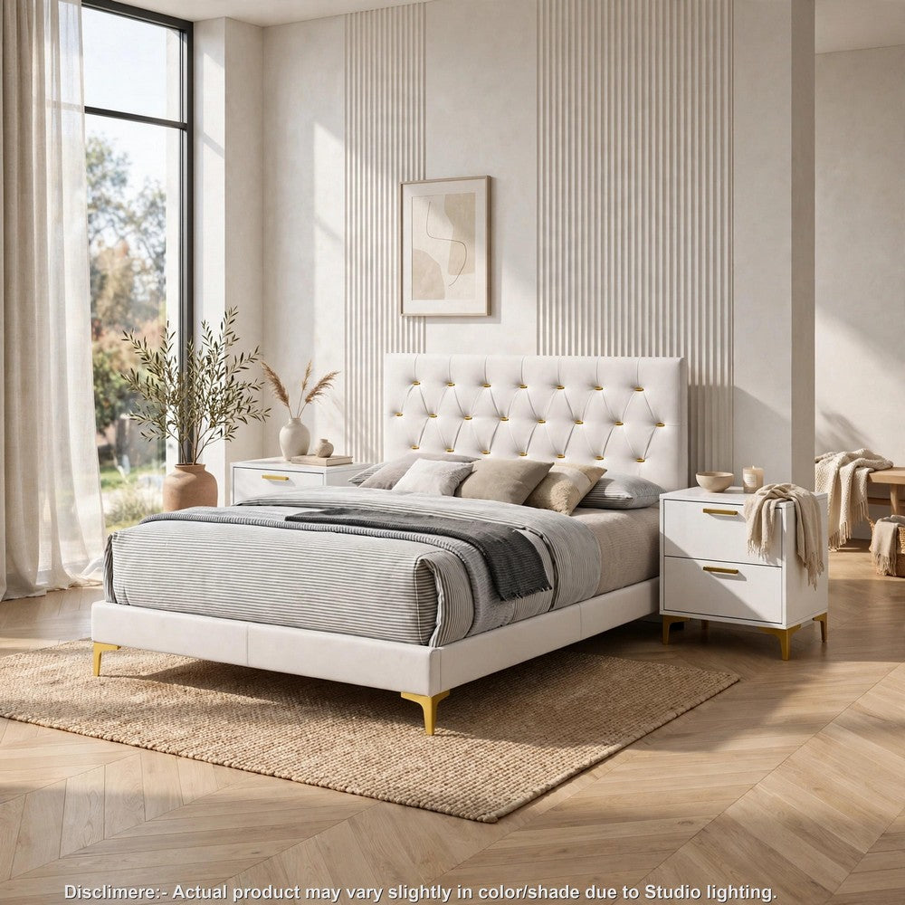 Queen Bedroom Set, White, Black and Gold, 3 Piece Set with 2 Nightstands