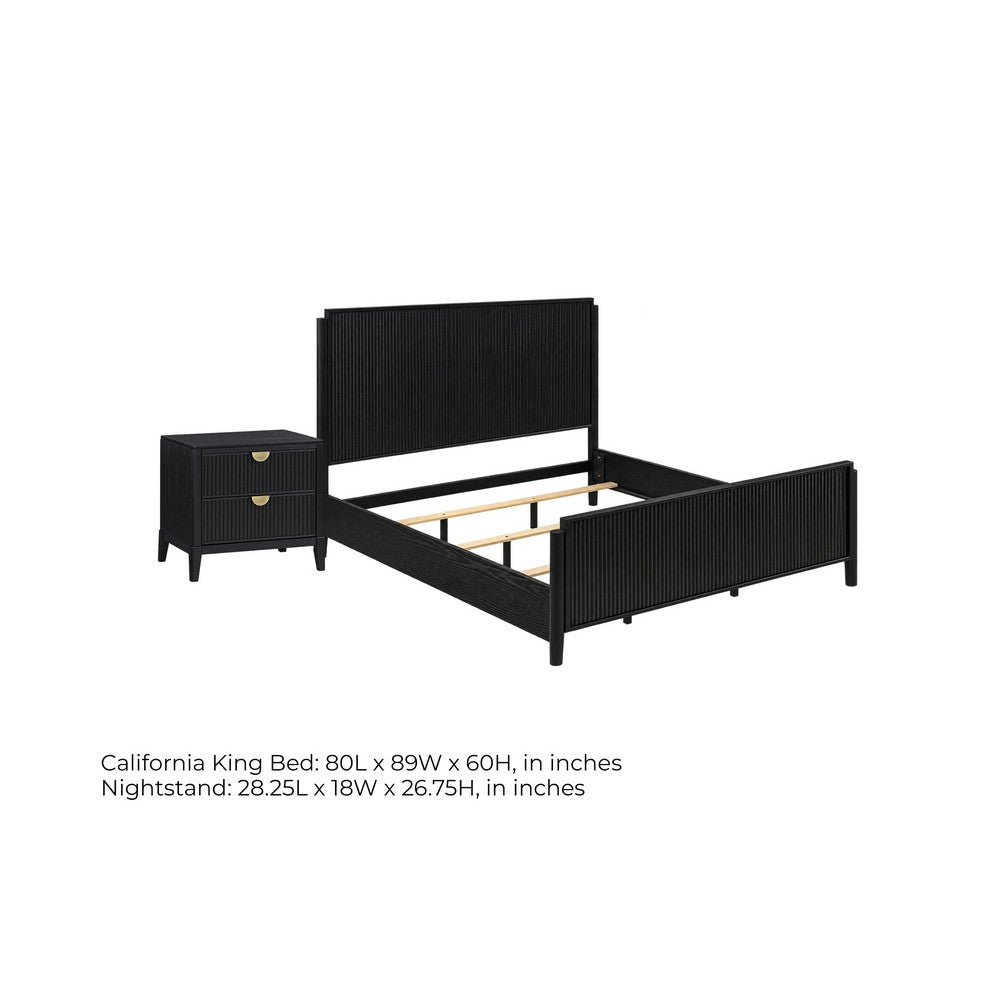 California King Bedroom Set, Black and Gold, 2 Piece Set with Nightstand