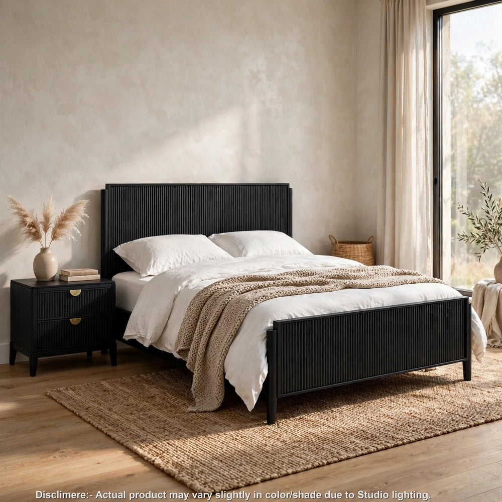 California King Bedroom Set, Black and Gold, 2 Piece Set with Nightstand