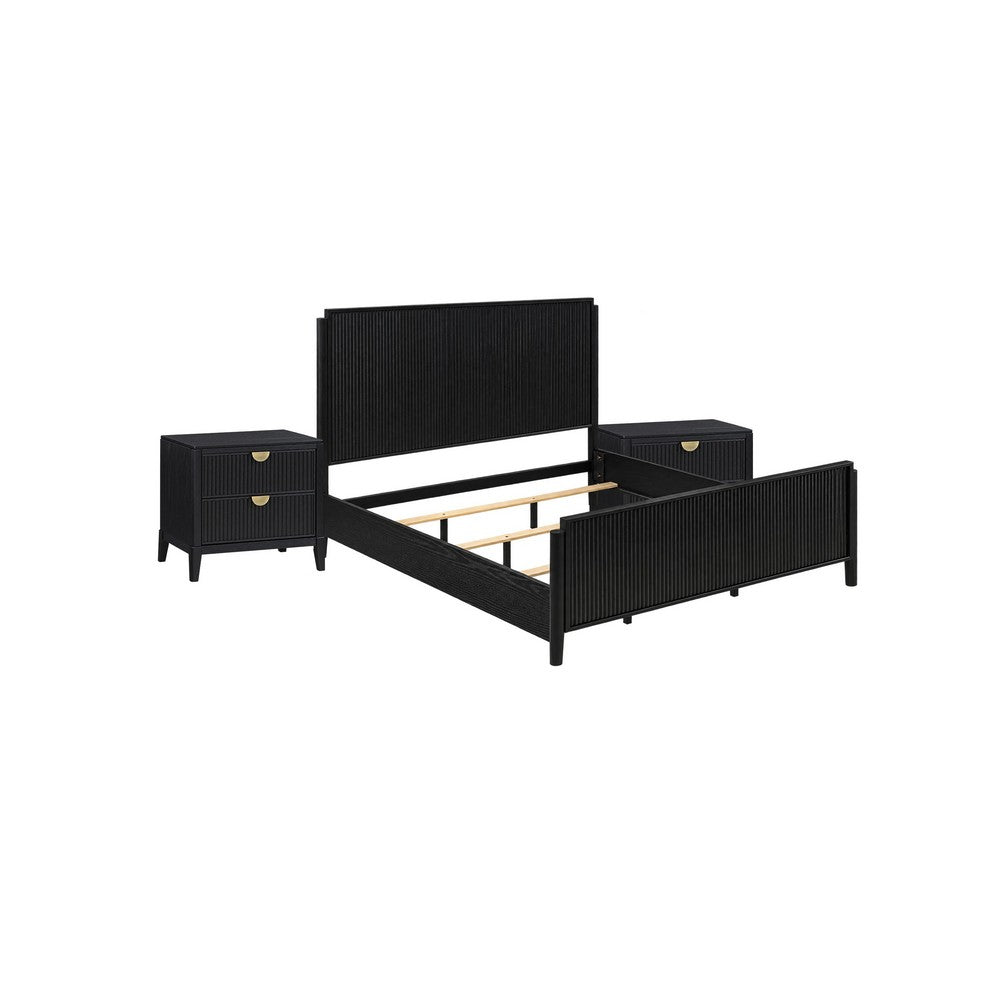 California King Bedroom Set, Black and Gold, 3 Piece Set with 2 Nightstands