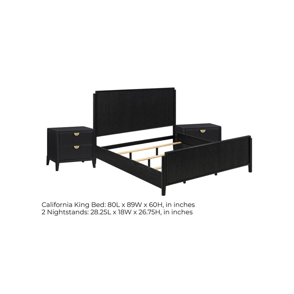 California King Bedroom Set, Black and Gold, 3 Piece Set with 2 Nightstands