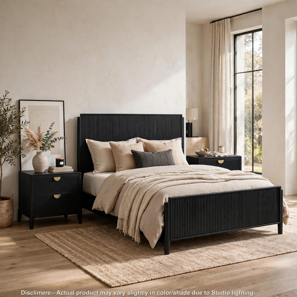 California King Bedroom Set, Black and Gold, 3 Piece Set with 2 Nightstands