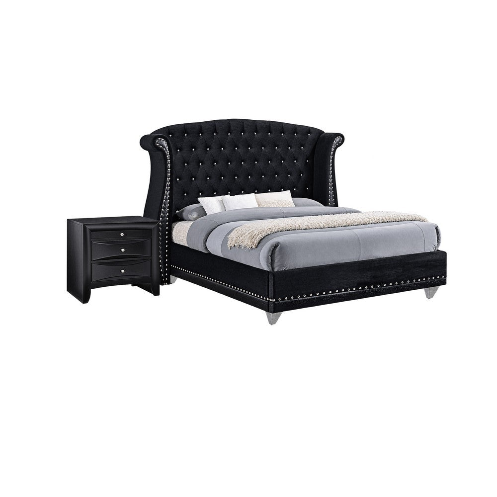Queen Bedroom Set, Upholstered Design, Black, 2 Piece Set with Nightstand