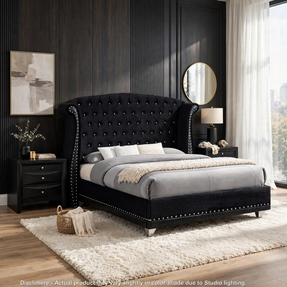 Queen Bedroom Set, Upholstered Design, Black, 2 Piece Set with Nightstand