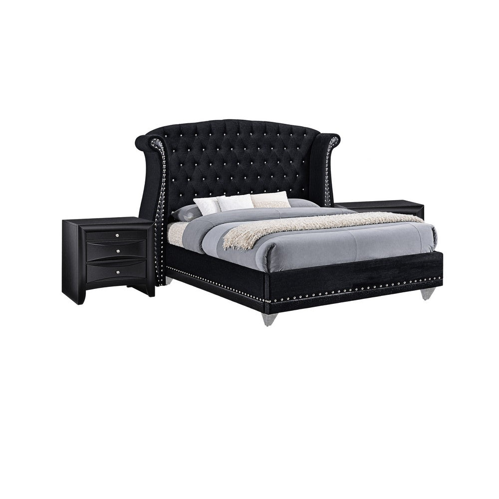 Queen Bedroom Set, Upholstered, Black, 3 Piece Set with 2 Nightstands