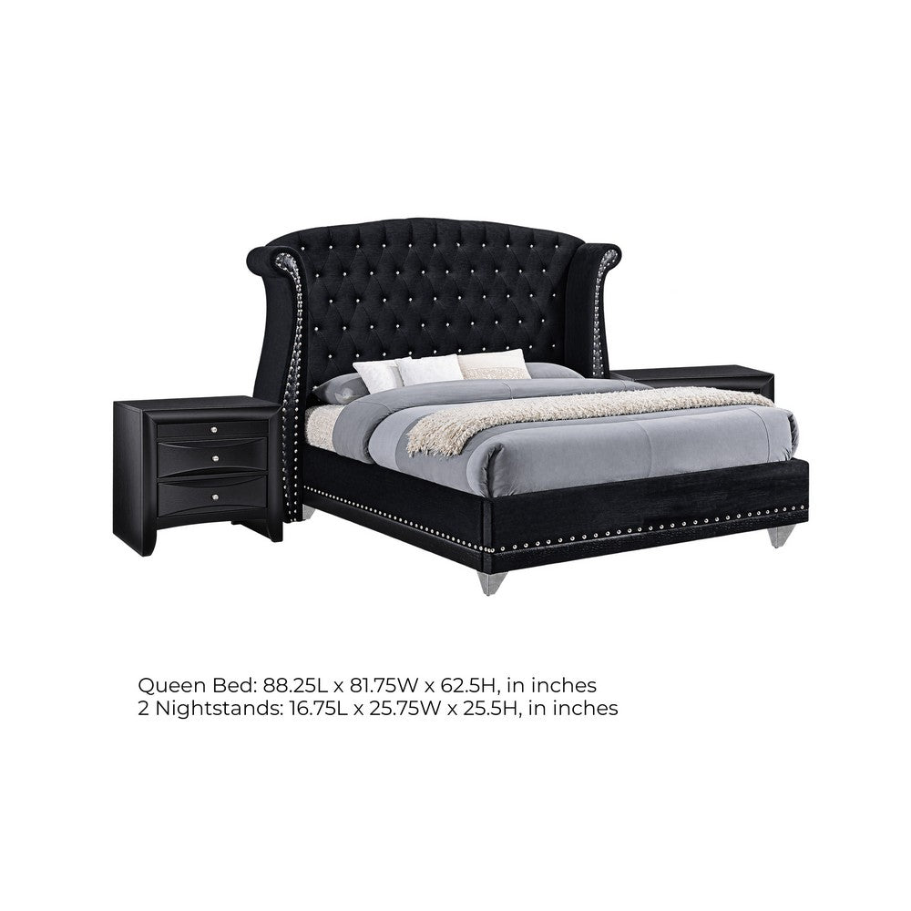 Queen Bedroom Set, Upholstered, Black, 3 Piece Set with 2 Nightstands
