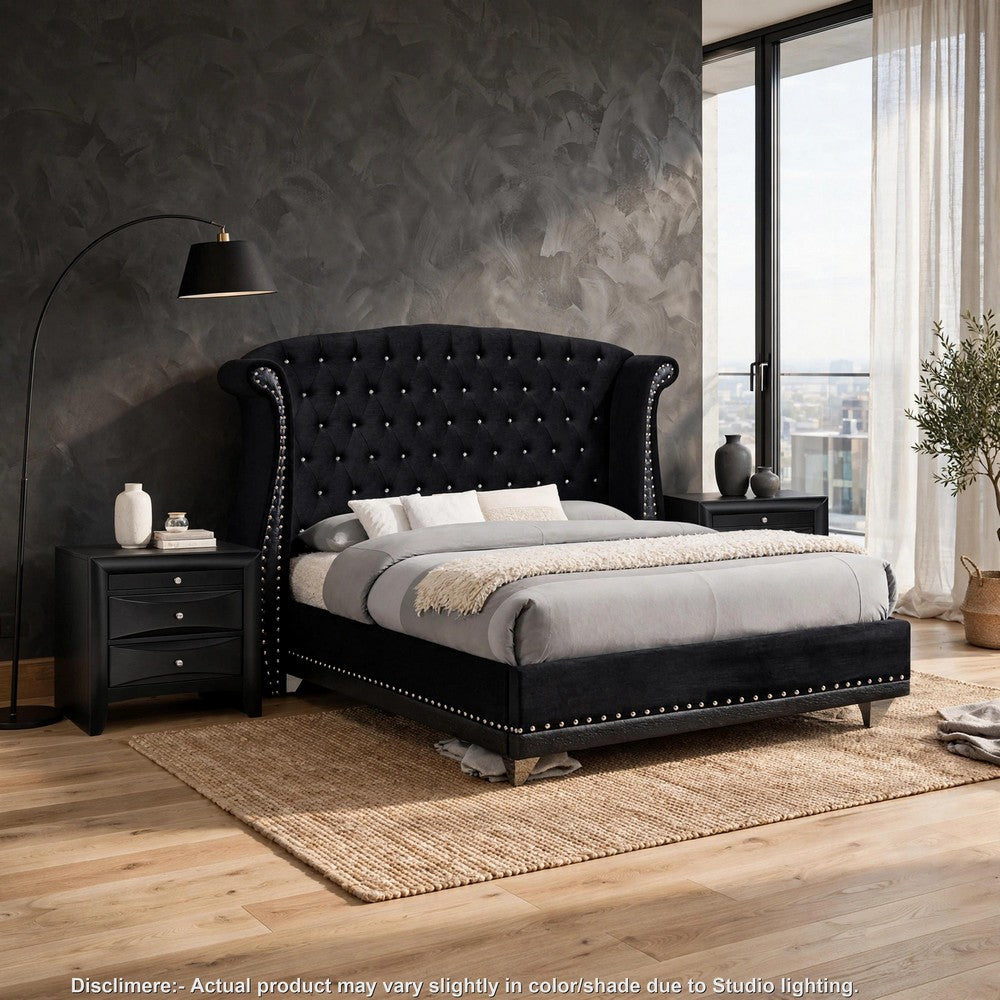 Queen Bedroom Set, Upholstered, Black, 3 Piece Set with 2 Nightstands
