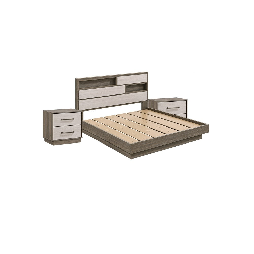 King Bedroom Set, Storage Gray and Nickel, 3 Piece Set with 2 Nightstands