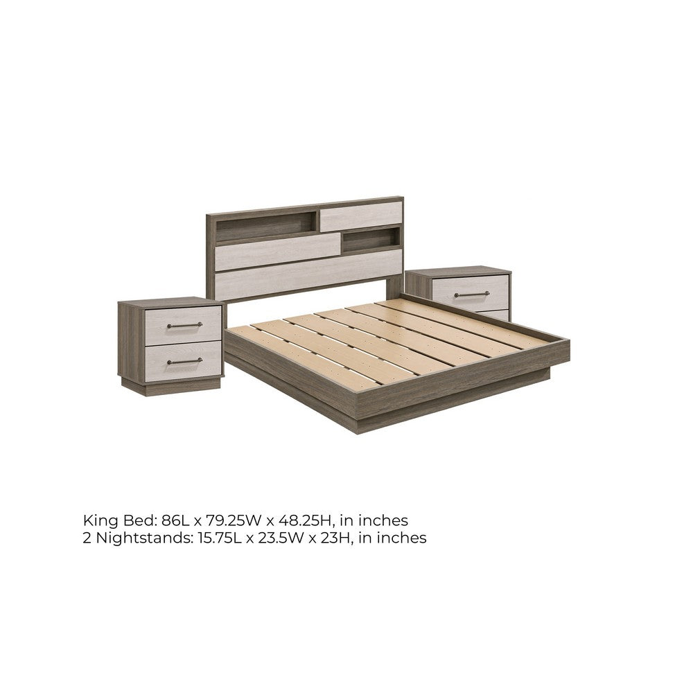 King Bedroom Set, Storage Gray and Nickel, 3 Piece Set with 2 Nightstands