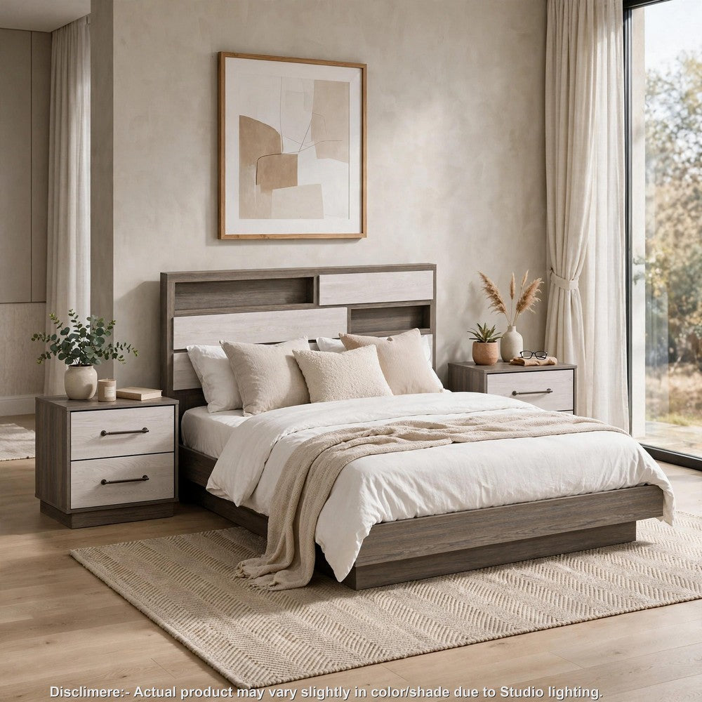 King Bedroom Set, Storage Gray and Nickel, 3 Piece Set with 2 Nightstands