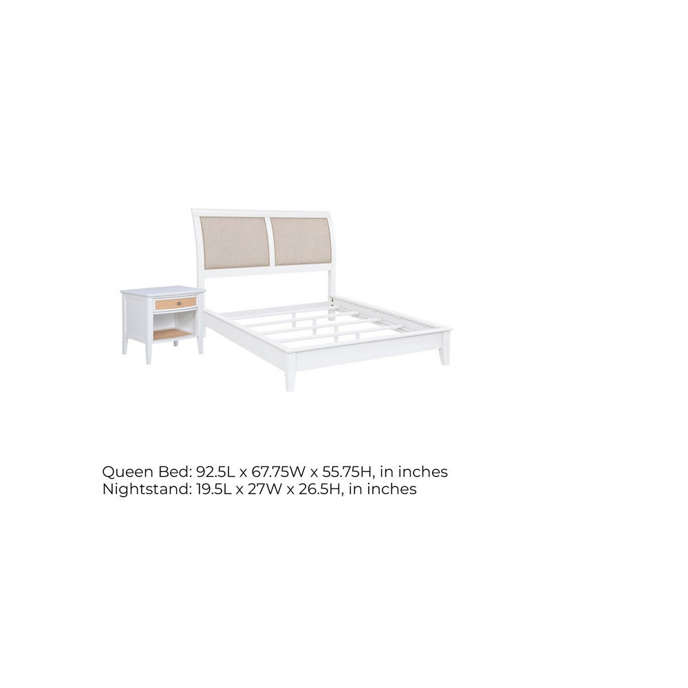 Queen Bedroom Set, White and Beige, 2 Piece Set with Nightstand
