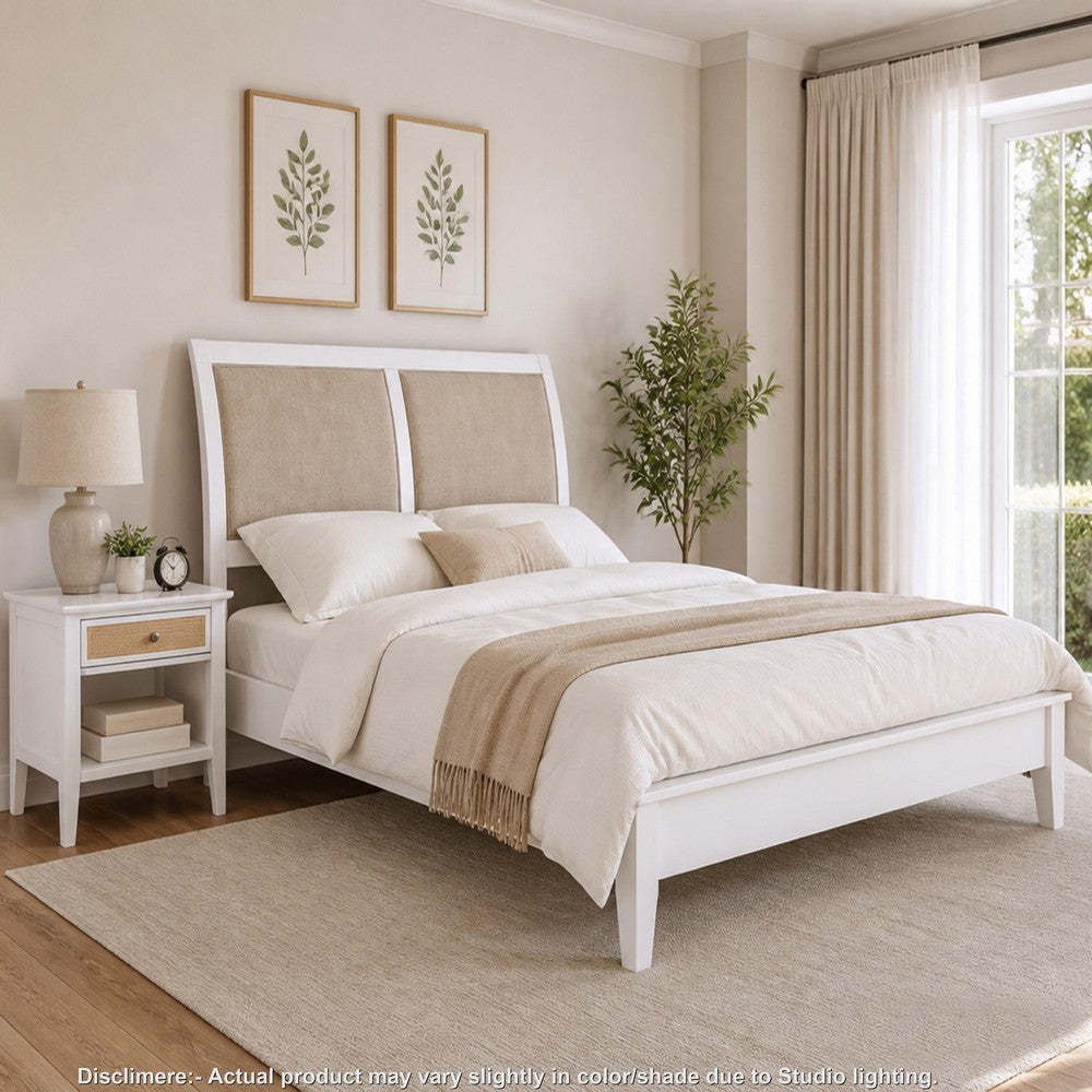 Queen Bedroom Set, White and Beige, 2 Piece Set with Nightstand
